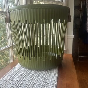 Viral JAPANDI Round Olive Green Storage Basket Leather Handles NEW